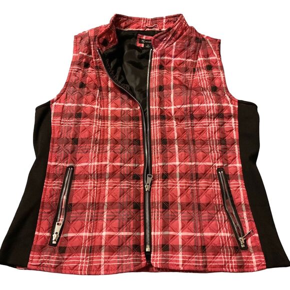 New Directions Puffer Vest Women Medium Red Tartan Plaid Holiday Winter Outdoor - Picture 3 of 13
